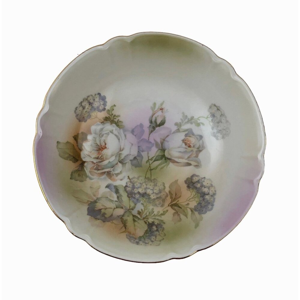 Vintage Bavarian Floral Porcelain Decorative Bowl Gold Trim 9 inch